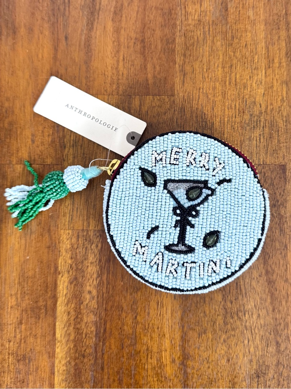 Anthropologie Beaded Round Coin Purse with cheerful 'Merry Martini' design